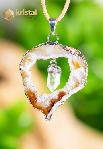 Agaat Geode met Bergkristal  in zilver - hanger nr. 1