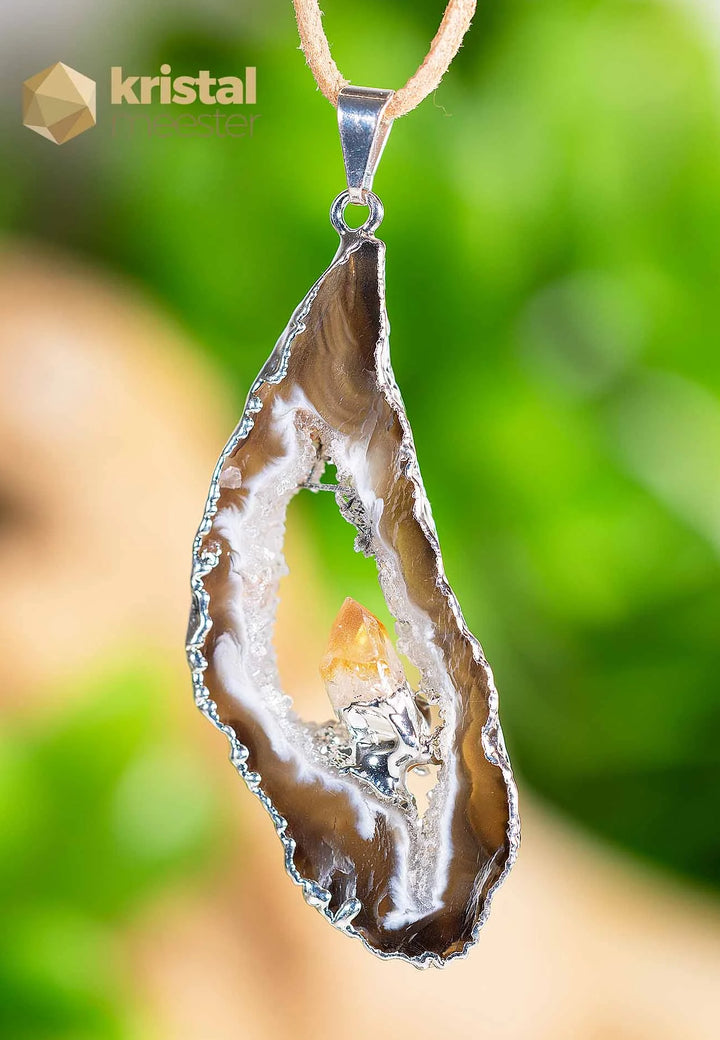 Agaat Geode met Citrien (verhit)  in zilver - hanger nr. 3