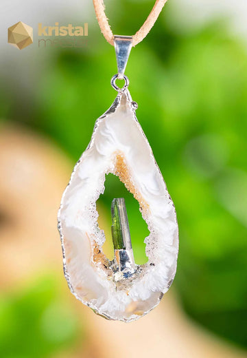 Agate Geode with Tourmaline in silver - pendant no. 1