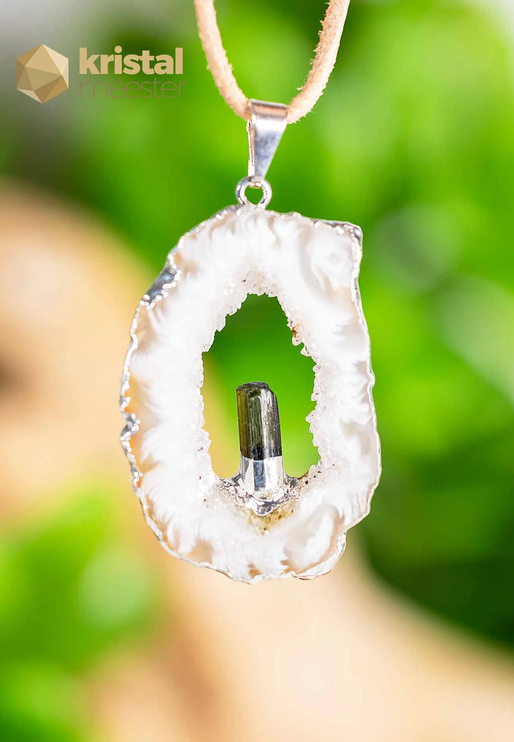 Agate Geode with Tourmaline in silver - pendant no. 3