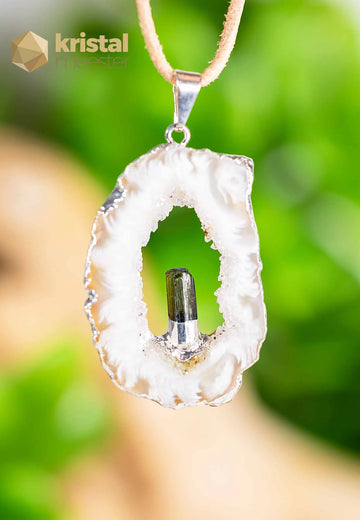 Agate Geode with Tourmaline in silver - pendant no. 3