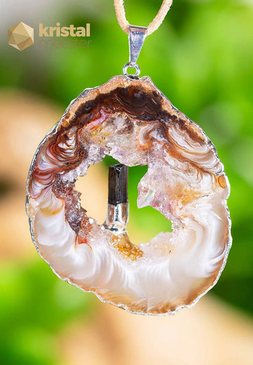 Agate Geode with Tourmaline in silver - pendant no. 4