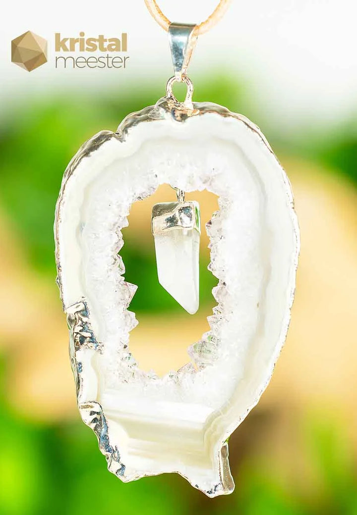 Agaat Geode met Bergkristal  in zilver - hanger nr. 3