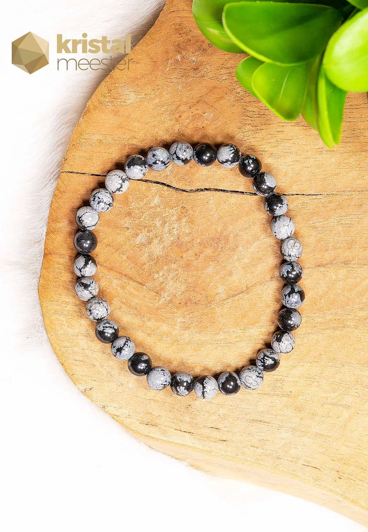 Sneeuwvlok Obsidiaan Kogelarmband - 6 mm